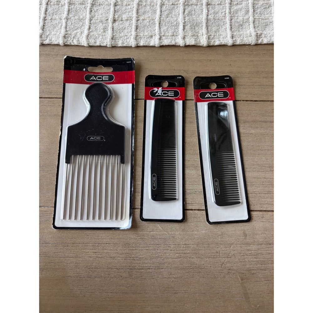Ace Hair Grooming Set 1 Hair Pick 06600 and 2 Pocket Combs 61586 Black New